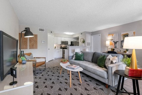 a living room and kitchen with a couch and a tv